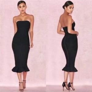 House of CB Fabrizia Black Bandage Strapless Fluted-Hem Dress XS